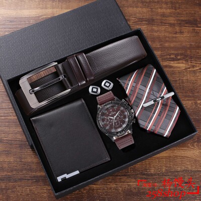 Men gift set belt wallet tie quartz watch cufflinks 5pcs/set