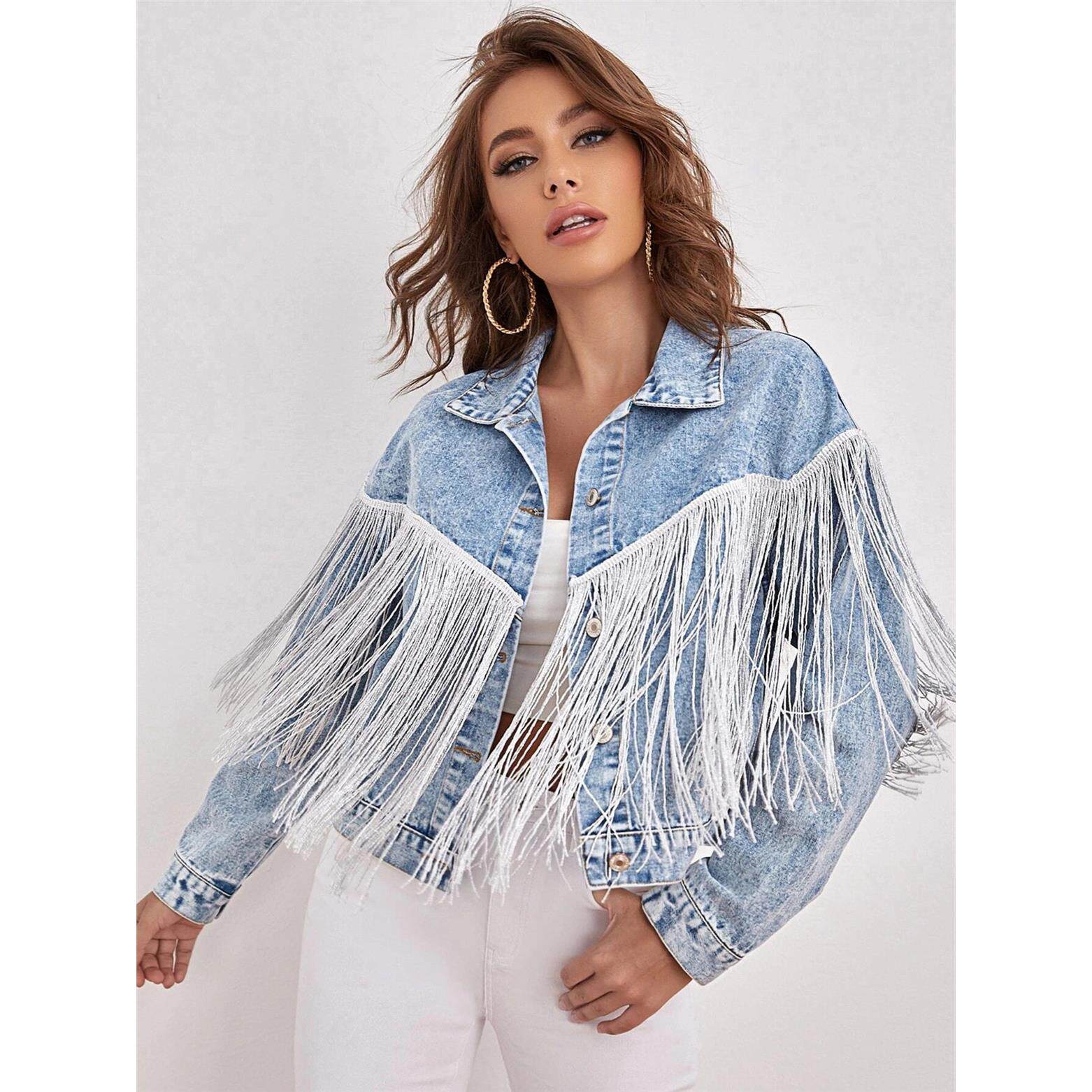 2022欧美牛仔夹克时尚流苏翻领炒花牛仔外套女 Cowboy coat woman