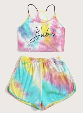 Tie-dye printed letters condole tops and shorts suits