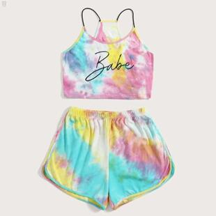 Tie-dye printed letters condole tops and shorts suits