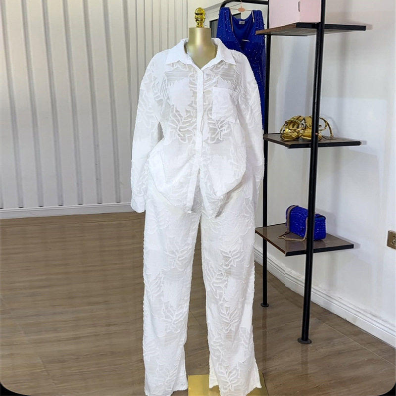 women shirt+pants set 欧美甜美清新翻领贴袋衬衫高腰直筒裤