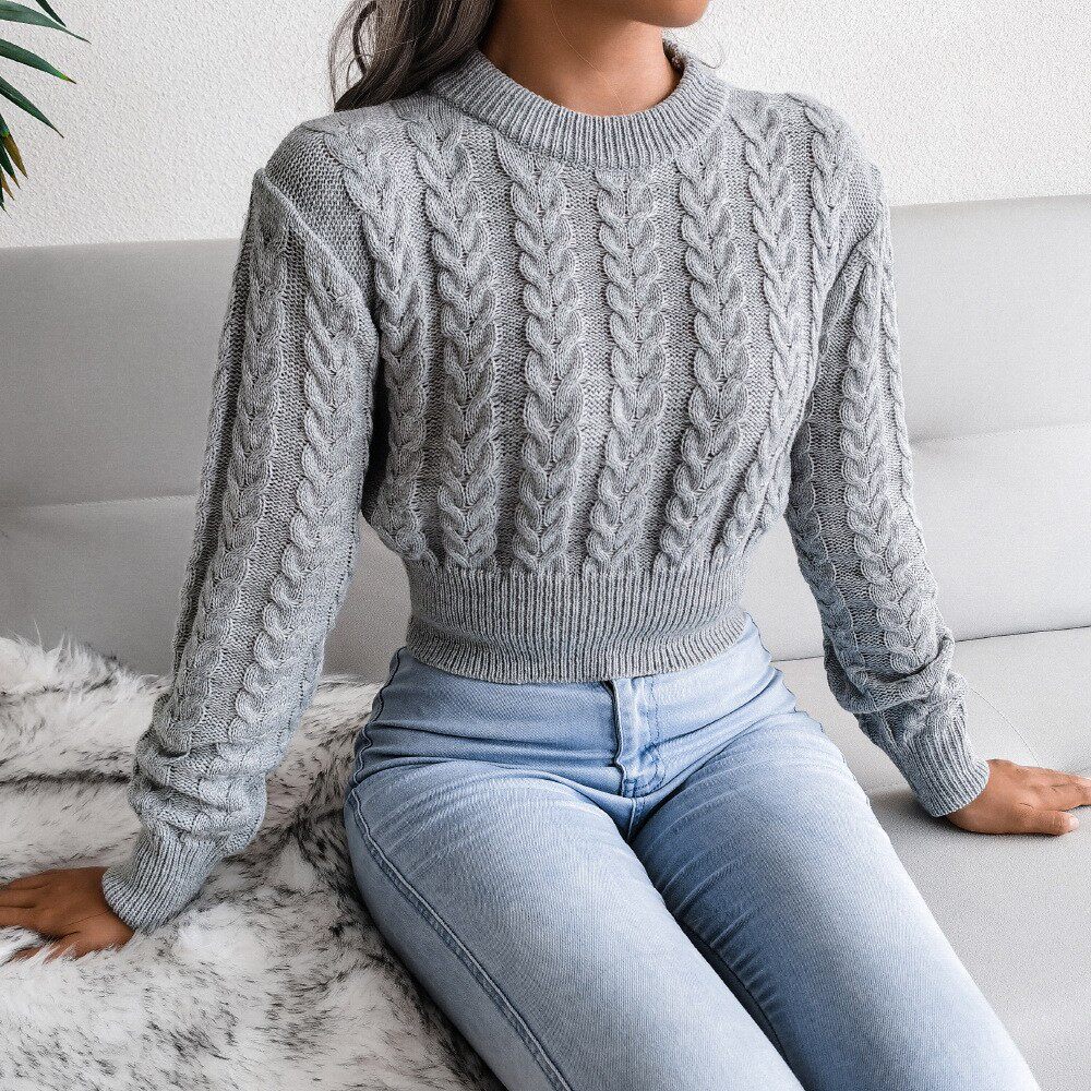 欧美秋冬小众女装ins麻花收腰高腰百搭长袖毛衣套头针织衫sweater