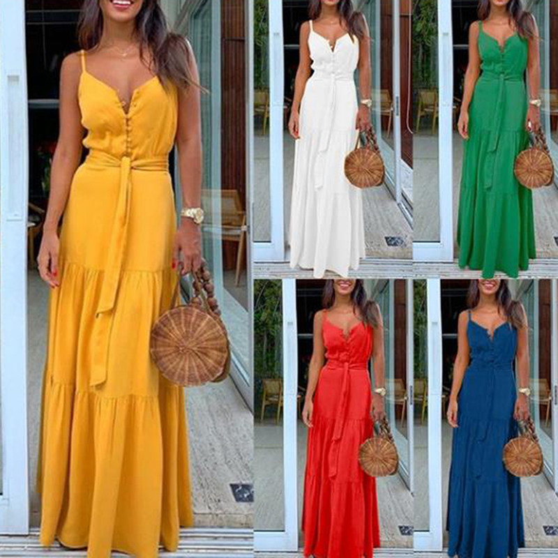 White Casual Dress Spaghetti Strap Dresses Button Long Dress