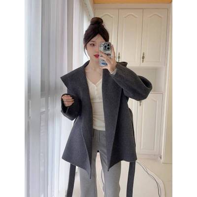 高级感羊毛双面呢大衣女韩版冬季小个子短款呢子宽松连帽毛呢外套