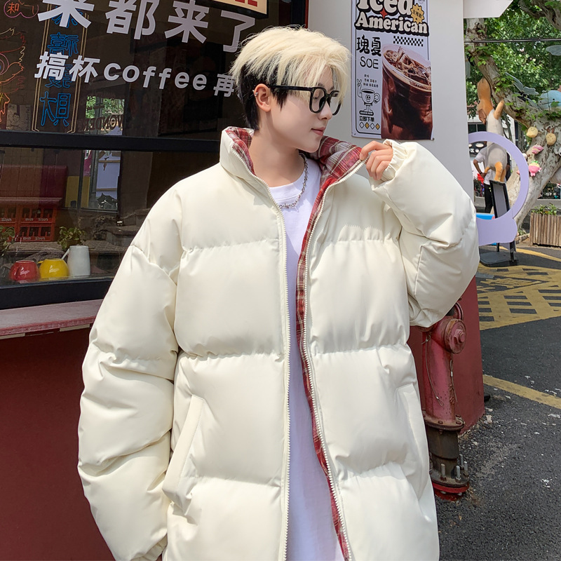 格子立领面包棉服男士冬季新款加绒加厚保暖羽绒棉袄男生棉衣外套