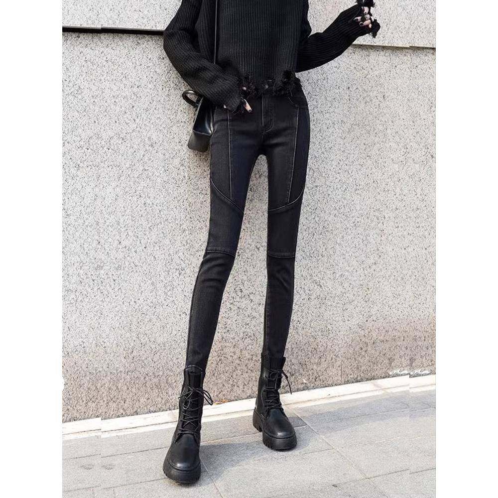 高腰牛仔裤女2025年新款秋冬季拼接显瘦修身铅笔紧身小脚裤子加绒