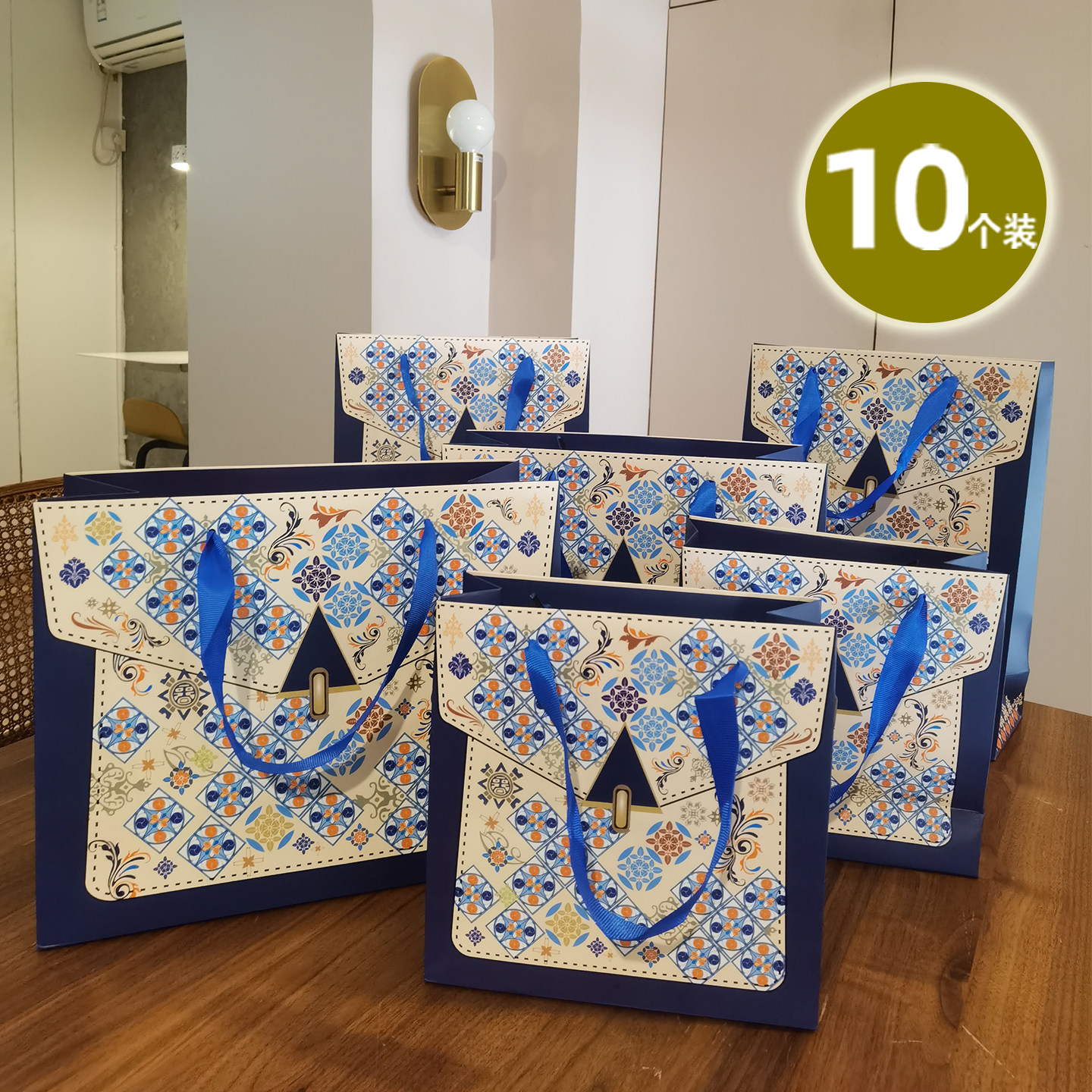 复古民族风藏蓝色高级礼品袋节日送礼包装袋服装店手提袋加厚纸袋