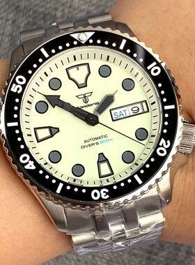 SKX S NH36潜水员手表自动腕表白色黑刻度防水时钟钢表带蓝宝石