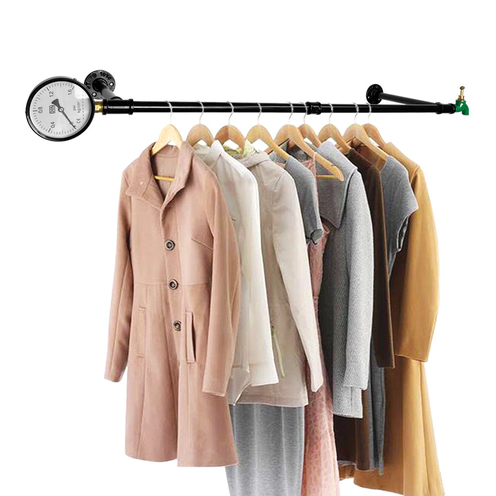 美式工业风格复古铁艺水管侧挂衣架服装架壁挂晾衣架上墙黑色挂杆