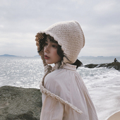 帽子女秋冬花边针织雷锋帽子女护耳软妹可爱系带毛线帽日系针织帽