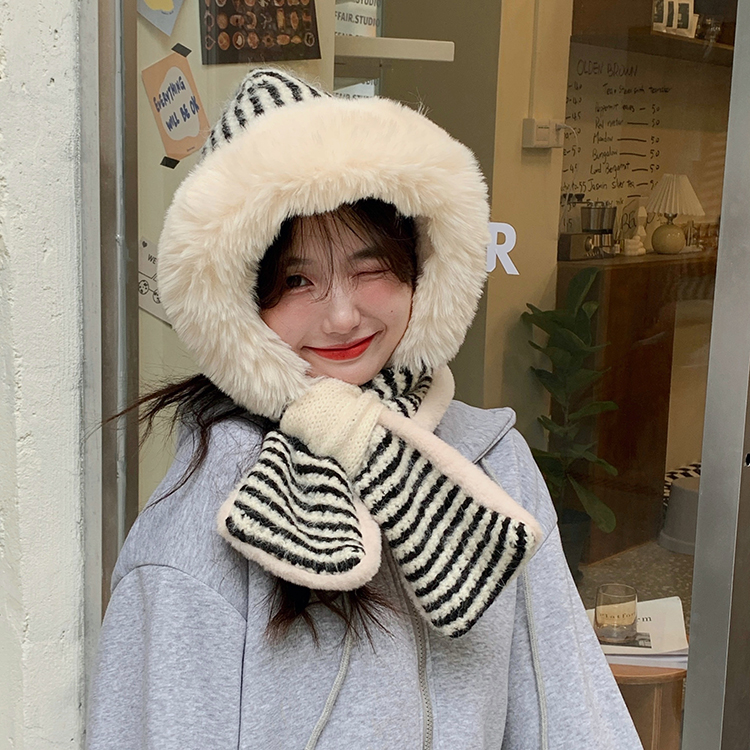 雷锋帽针织双面戴毛绒毛线帽子女秋冬加厚保暖滑雪帽子围巾一体帽