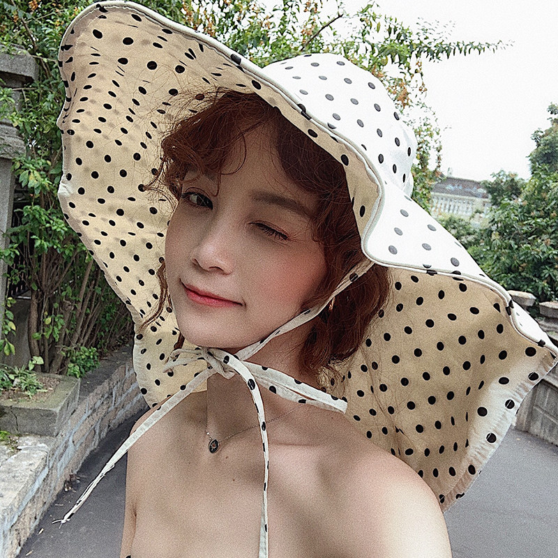 日系优雅气质波点大檐渔夫帽子女夏棉防晒遮阳帽女淑女户外太阳帽