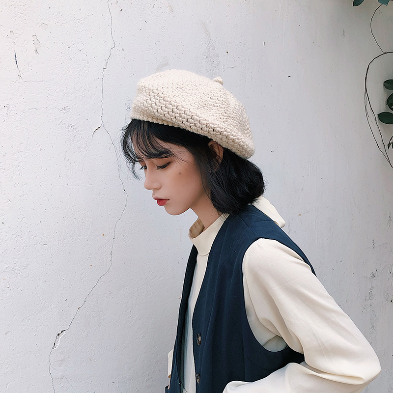 日系复古手工针织贝雷帽子女秋冬粗线文艺休闲好看画家帽毛线帽女