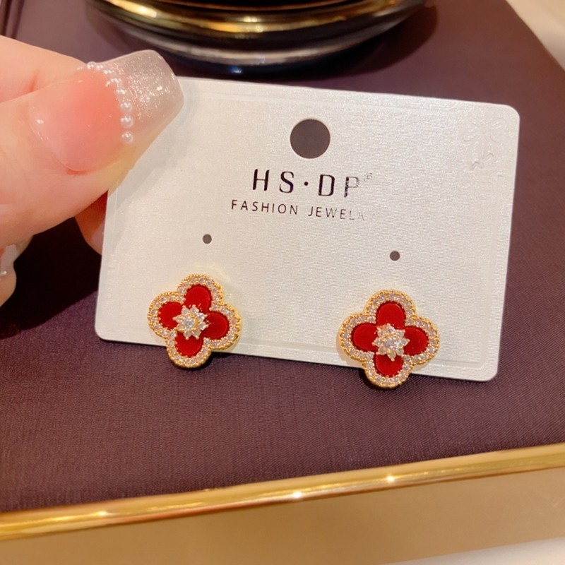 时尚百搭锆石红色四叶花银针耳钉