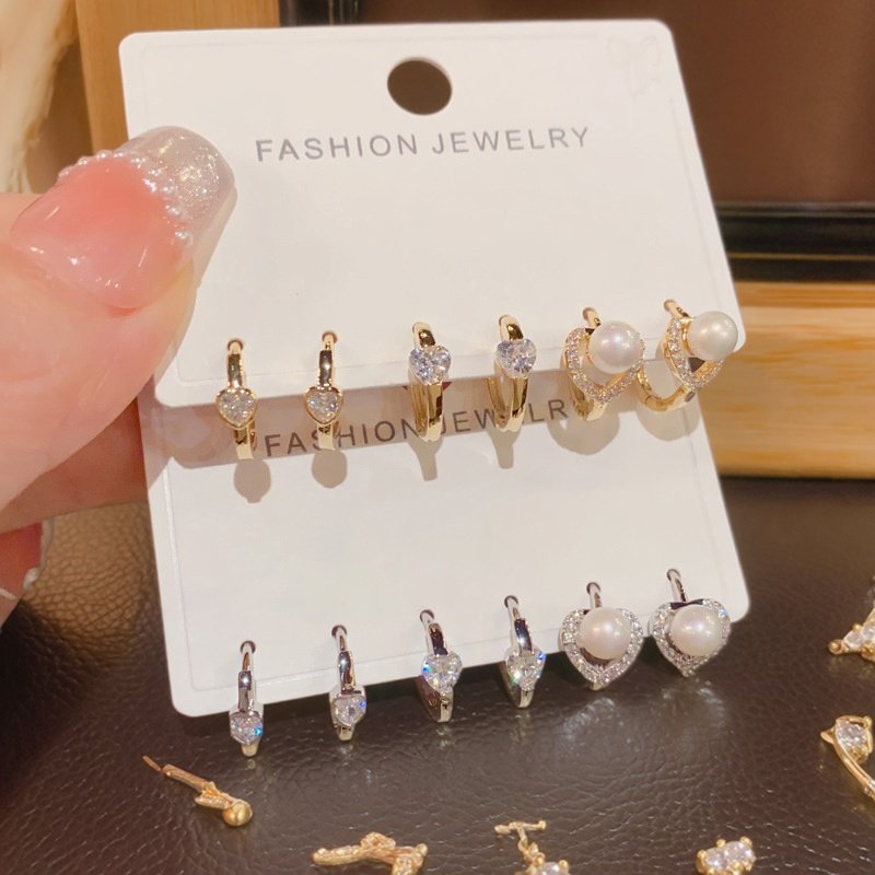 精致镶钻爱心珍珠超闪三件套耳扣