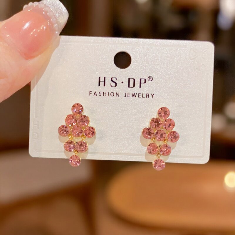 新款小众精致时尚简约粉色锆石流苏耳环个性轻奢百搭感超闪耳坠女