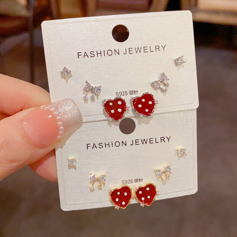 红色波点蝴蝶结三件套爱心耳钉
