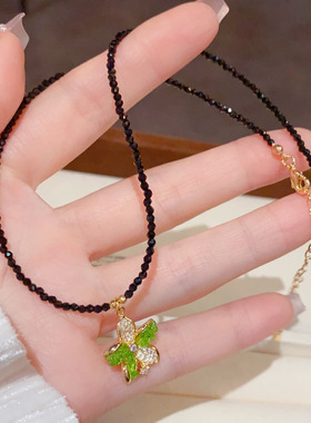 春季新款绿花吊坠黑水晶项链