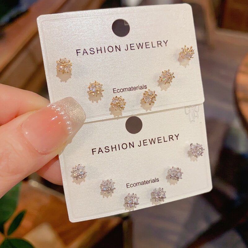 日韩时尚简约镶钻球球三件套耳钉女精致轻奢小巧百搭耳环配饰