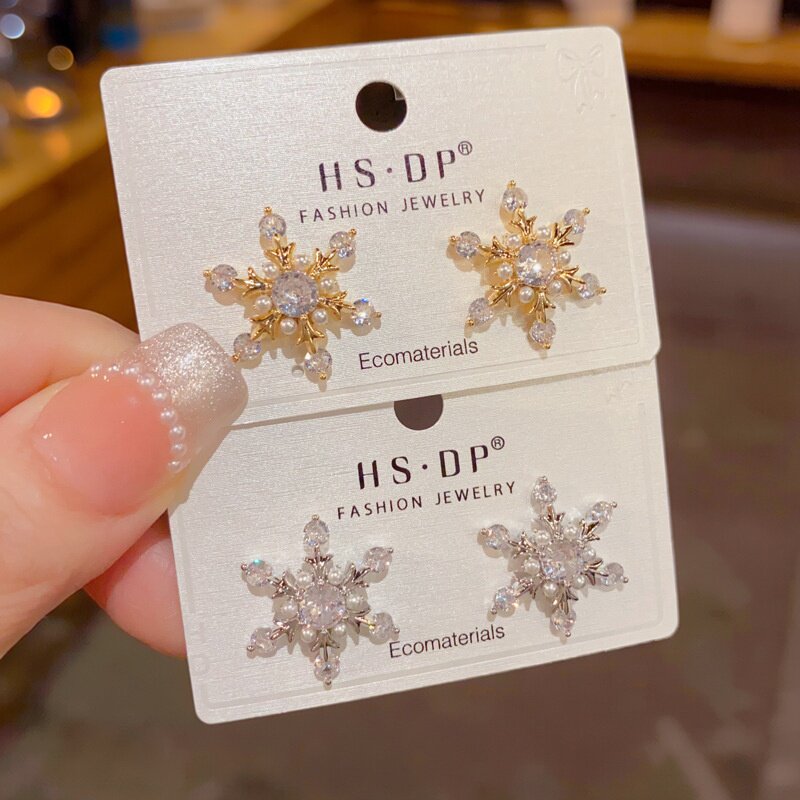 秋冬轻奢满钻珍珠雪花耳钉超闪