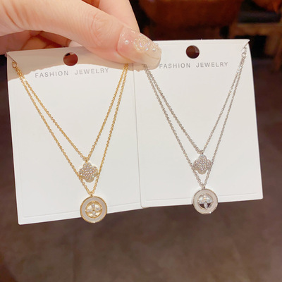 时尚双层锆石四叶花贝壳锁骨链