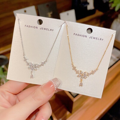 新款法式轻奢满锆花瓣水滴锁骨链