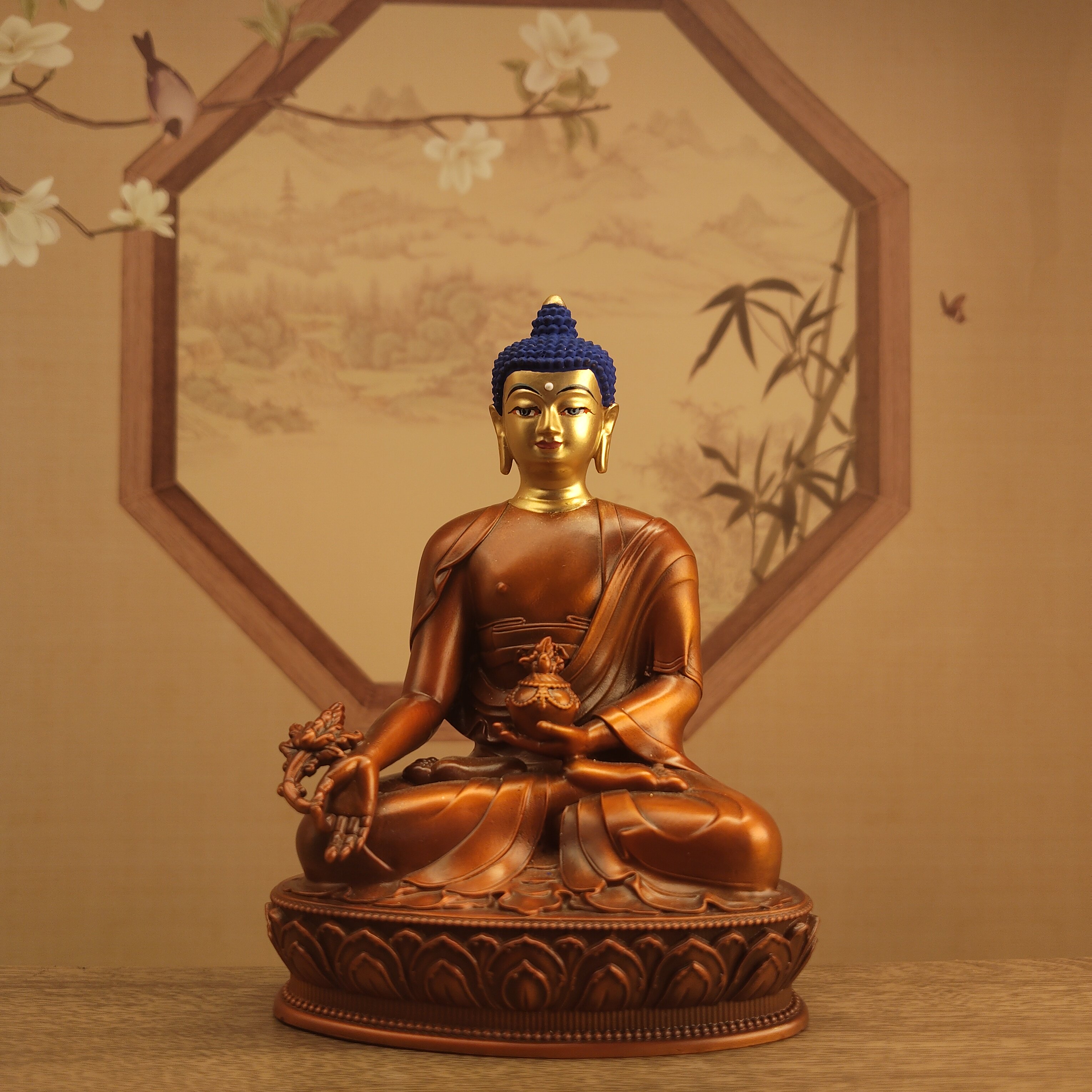 藏传纯铜10厘米佛像摆件家居供奉真金画脸药师佛像车载随身小铜像