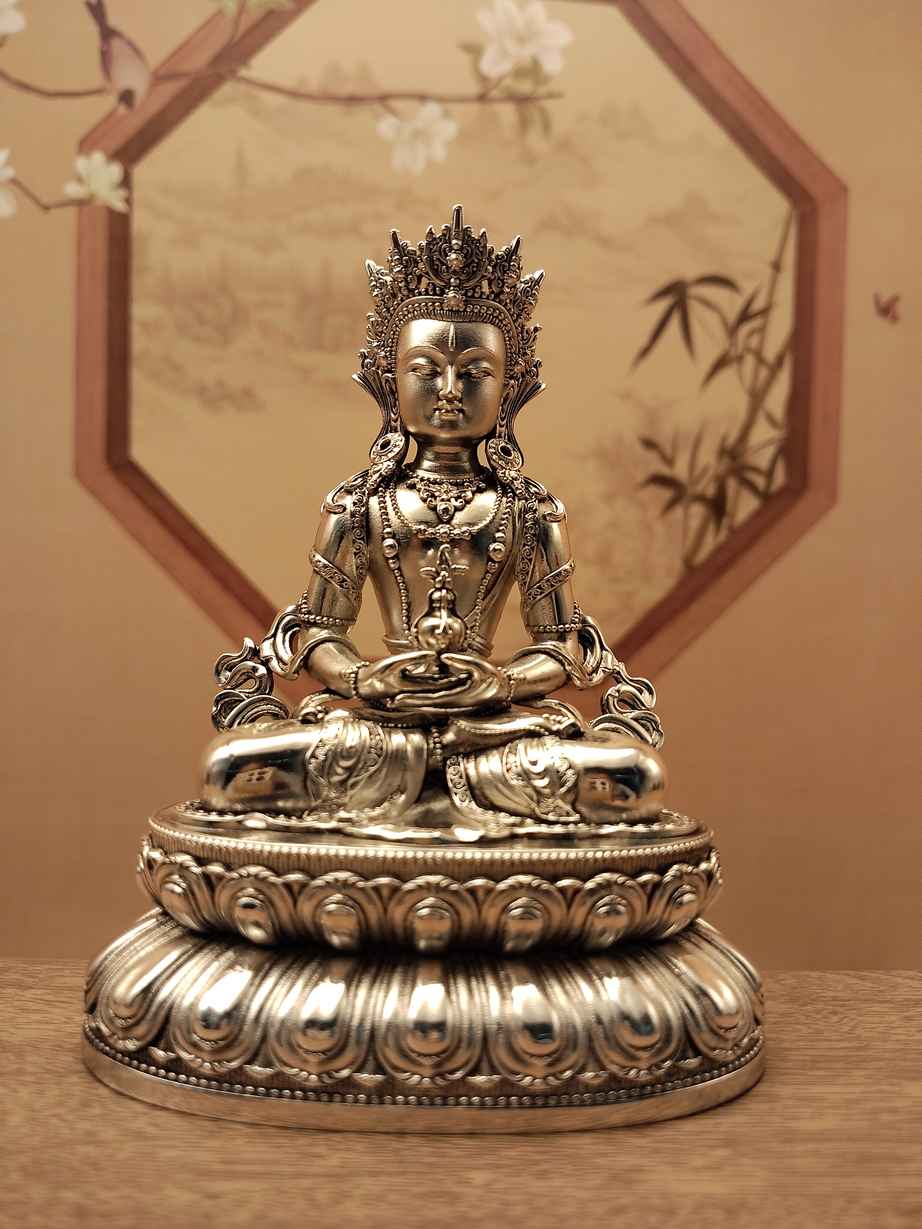 藏传密宗白铜鎏银三寸10厘米长寿佛居家办公客厅摆件车载随身铜像