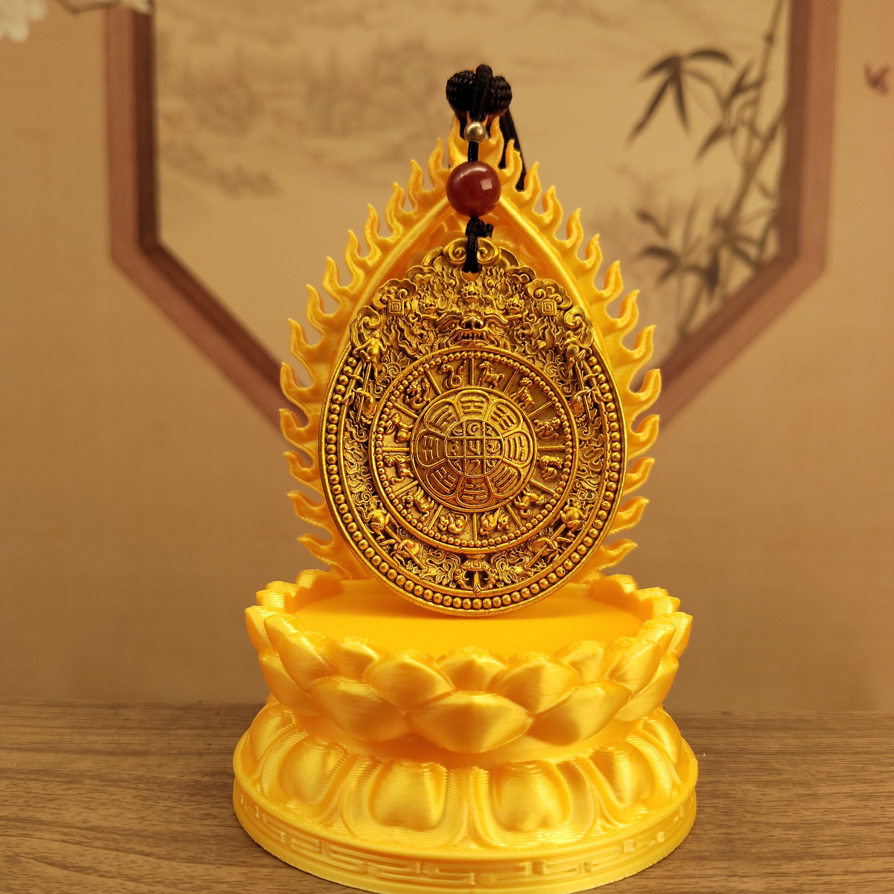 西藏民族风精工黄铜大明永乐九宫八卦牌手把件车挂配饰居家吊坠