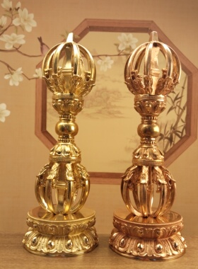 藏传密宗黄铜紫铜17厘米九股金刚杵手把件带莲花底座家居摆件