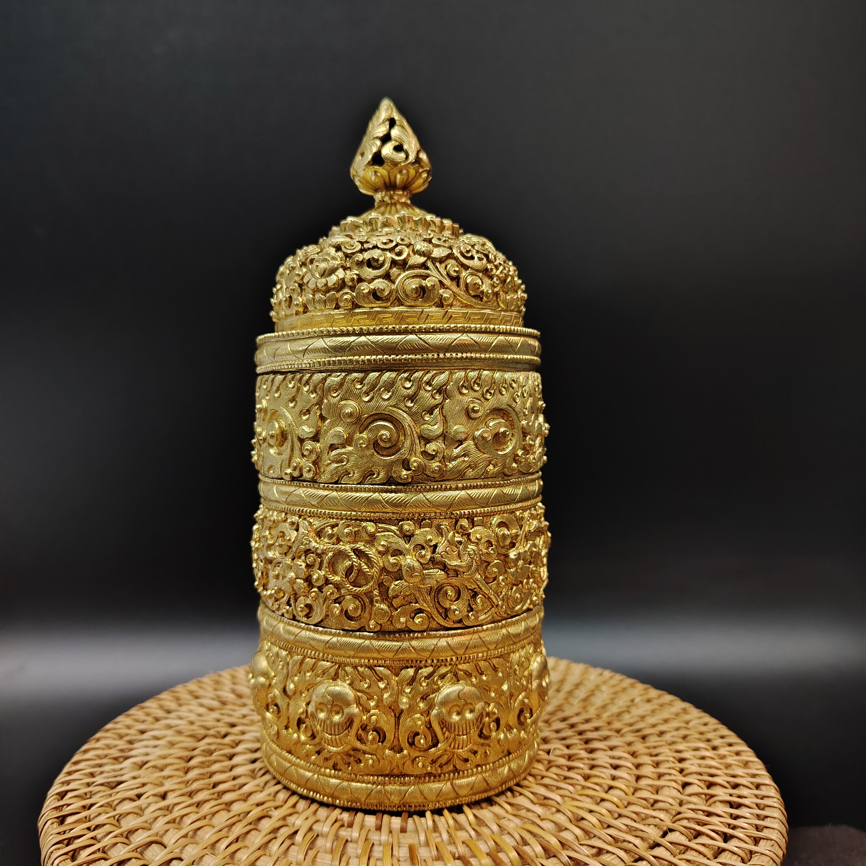 藏传纯铜米壶黄铜米盒家居用桌面三层器皿罐子佛堂寺庙供18cm高