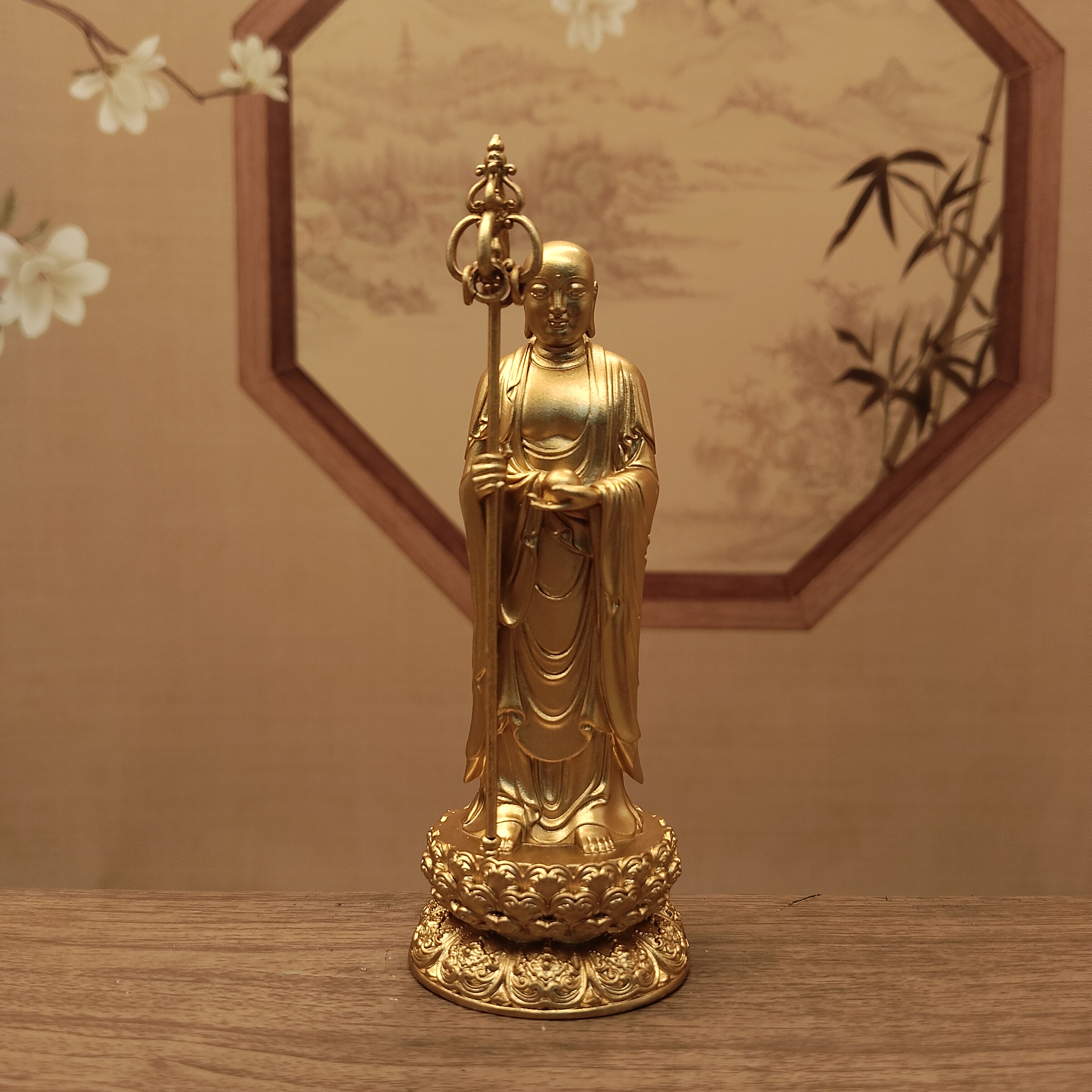 藏传密宗黄铜三寸10公分立式地藏王菩萨站姿佛像家居摆件车载随身