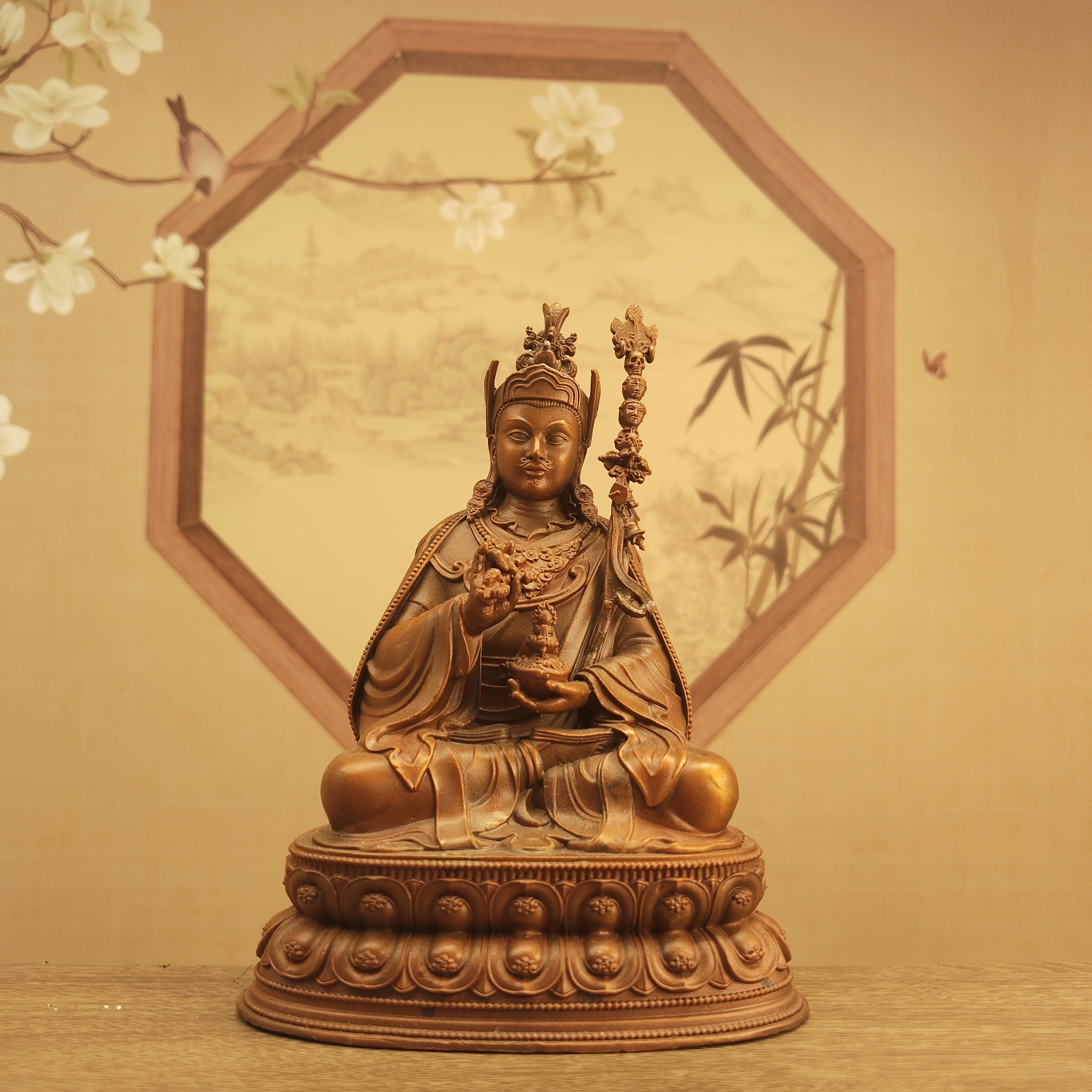 桑耶铜寺紫铜做旧四寸12厘米莲花生大士佛像莲师禅杖菩萨居家摆