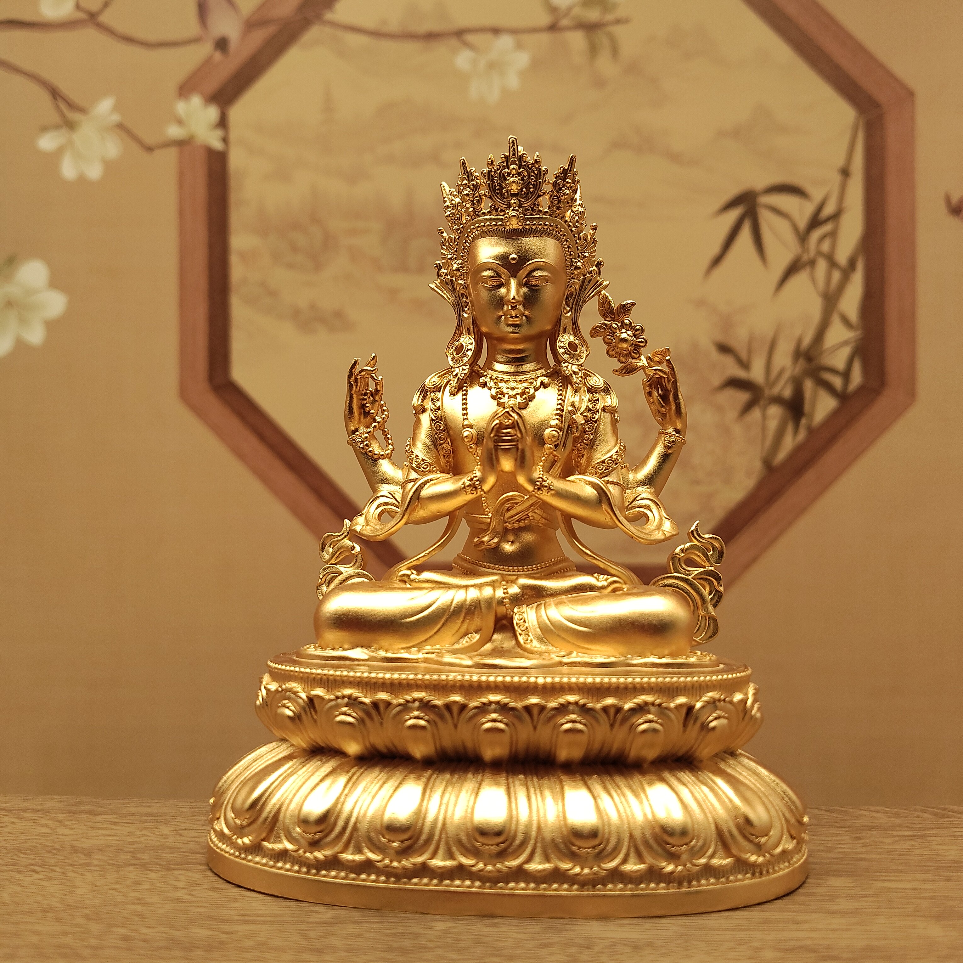 藏传密宗黄铜镀金四臂观音菩萨佛像居家摆件佛堂寺庙供奉供具