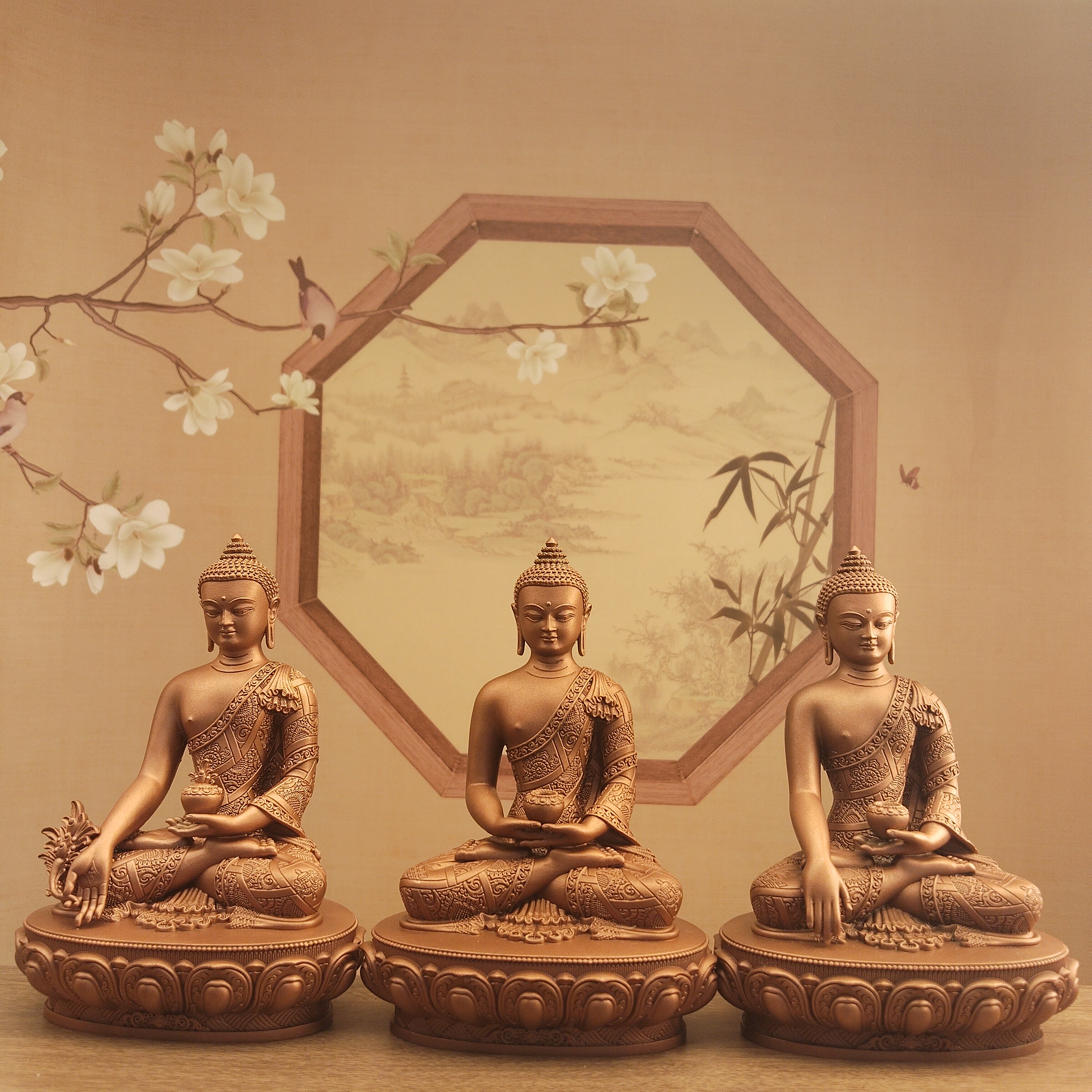 藏传紫铜12厘米三宝佛释迦阿弥药师佛像居家摆件佛堂寺庙供奉供具