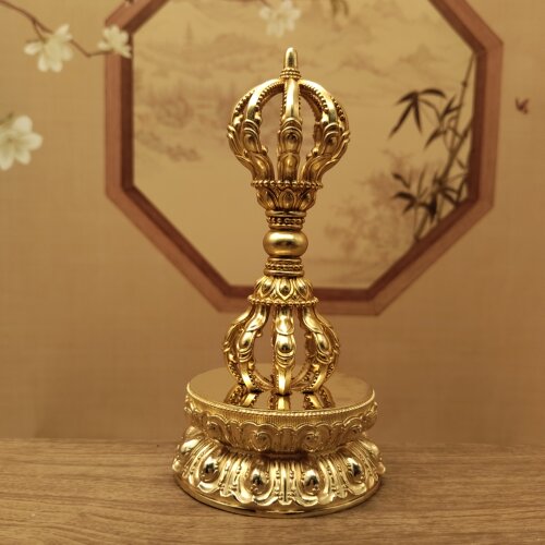 纯黄铜九股杵金刚杵手把件带底座家居摆件佛堂寺庙供桌面供具