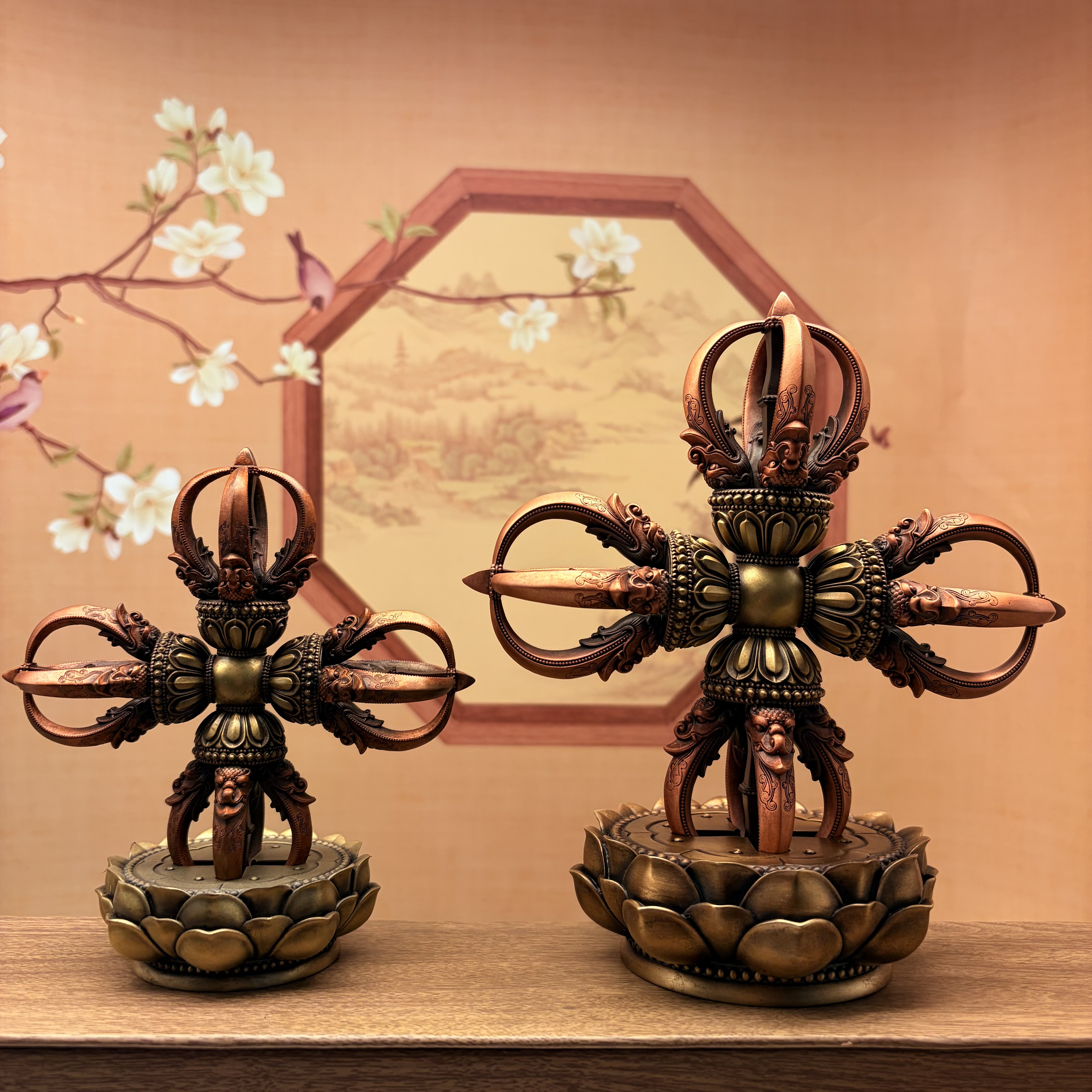 藏传密宗紫铜黄铜双色十字金刚杵摆件带莲花底座居家摆件法器供具