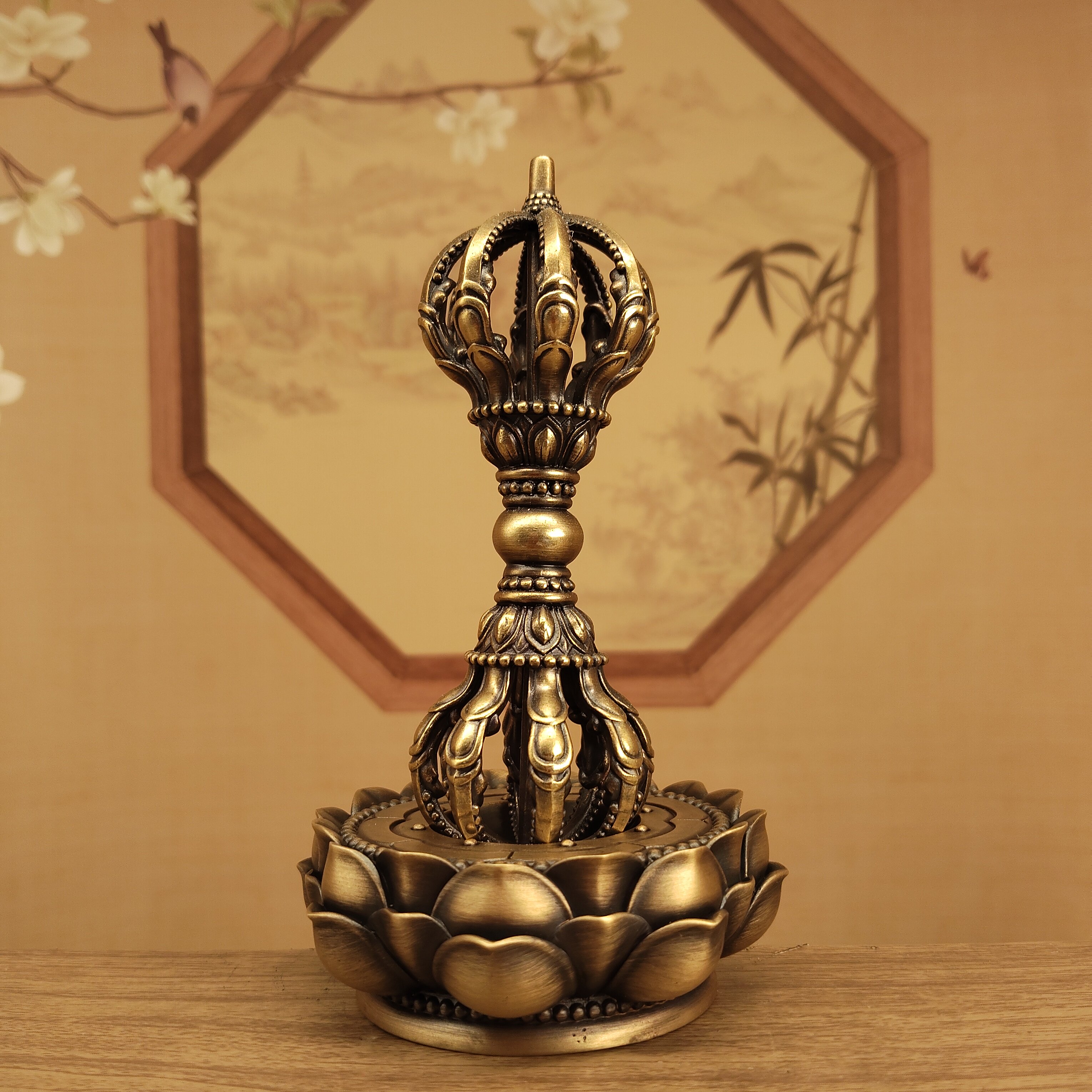 尼泊尔工艺黄铜做旧九股金刚杵带莲花底座家居摆件佛堂寺庙供奉供