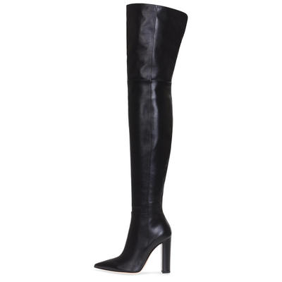 跨境欧美粗跟时装靴尖头侧拉链高筒女靴大码外贸block heels boot