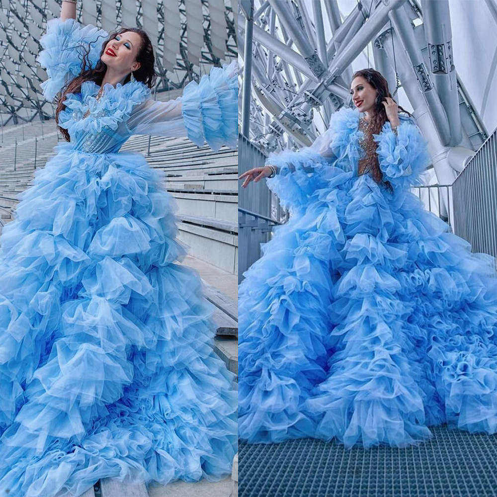 新款热销成人礼舞会长袖大裙摆晚礼服蓬蓬纱裙演出服主持独唱