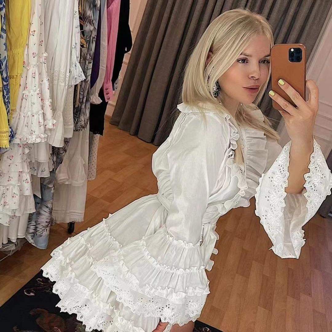 新款 欧美外贸2023V领荷叶边拼接喇叭袖腰带收腰长款连衣裙女,女装/女士精品,连衣裙,淘宝优惠券,粉丝福利购,淘宝优惠卷