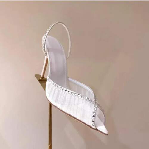跨境欧美高跟凉鞋尖头白色褶皱蕾丝细跟水钻女婚宴鞋bridal shoes