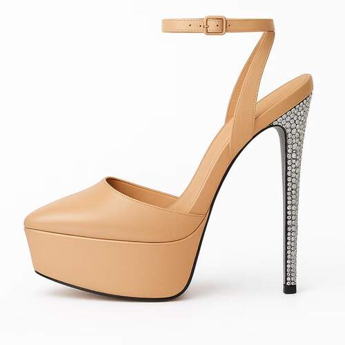 新款欧美水台时装单鞋尖头水钻细跟搭扣女鞋走秀high heels pumps
