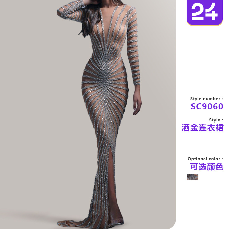 2025年春季欧美时尚烫钻网纱透视长袖开叉长裙连衣裙包臀裙