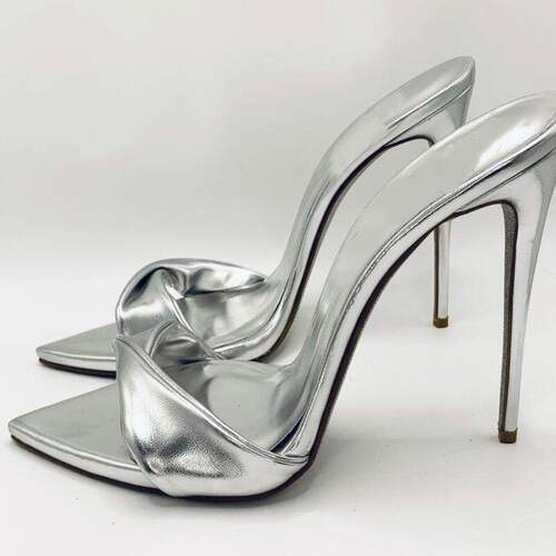 跨境时装凉鞋欧美尖头银色褶皱细跟外贸女鞋high heels高跟鞋12cm