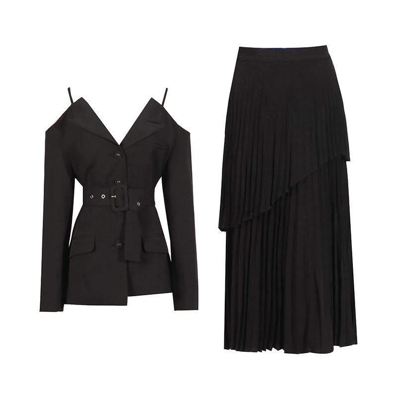 新款澳洲秀款简约风套装 2025露肩吊带西装上衣+高腰压褶半身裙女,女装/女士精品,时尚套装,淘宝优惠券,粉丝福利购,淘宝优惠卷