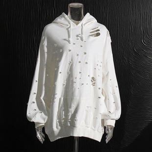 新款 宽松套头上衣女2025早秋个性百搭长袖乞丐服破洞连帽卫衣