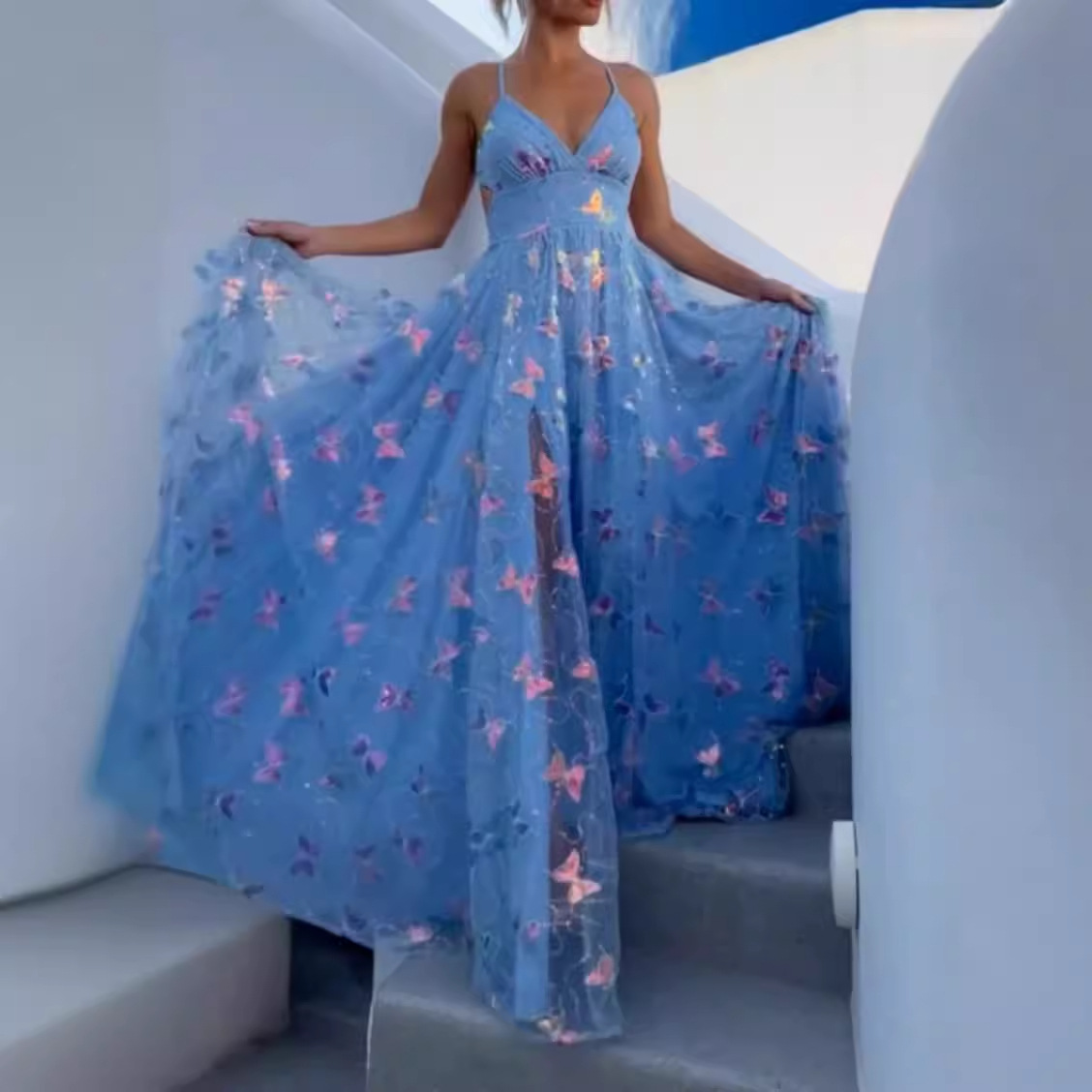晚礼服女亚马逊热销款绑带小拖尾吊带海边度假旅拍碎花长款连衣裙