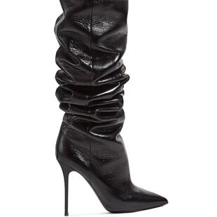 新款 褶皱细高跟一脚蹬及膝长靴Slouch 欧美女士黑色尖头外贸大码