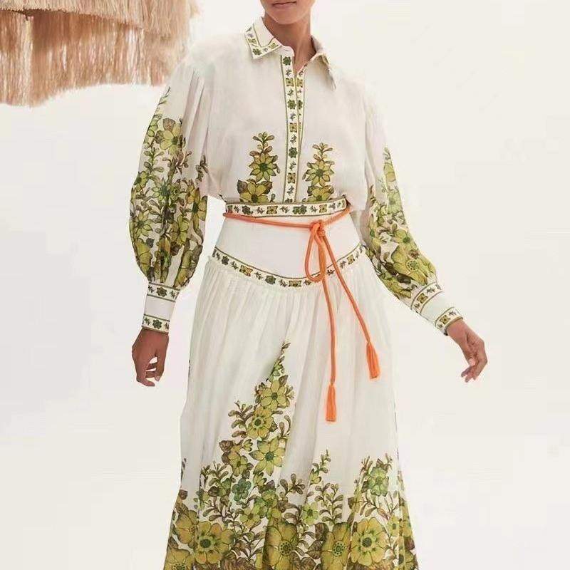 新款 2023秋季灯笼袖翻领上衣配腰带收腰印花休闲长裙女时尚套装,女装/女士精品,时尚套装,淘宝优惠券,粉丝福利购,淘宝优惠卷